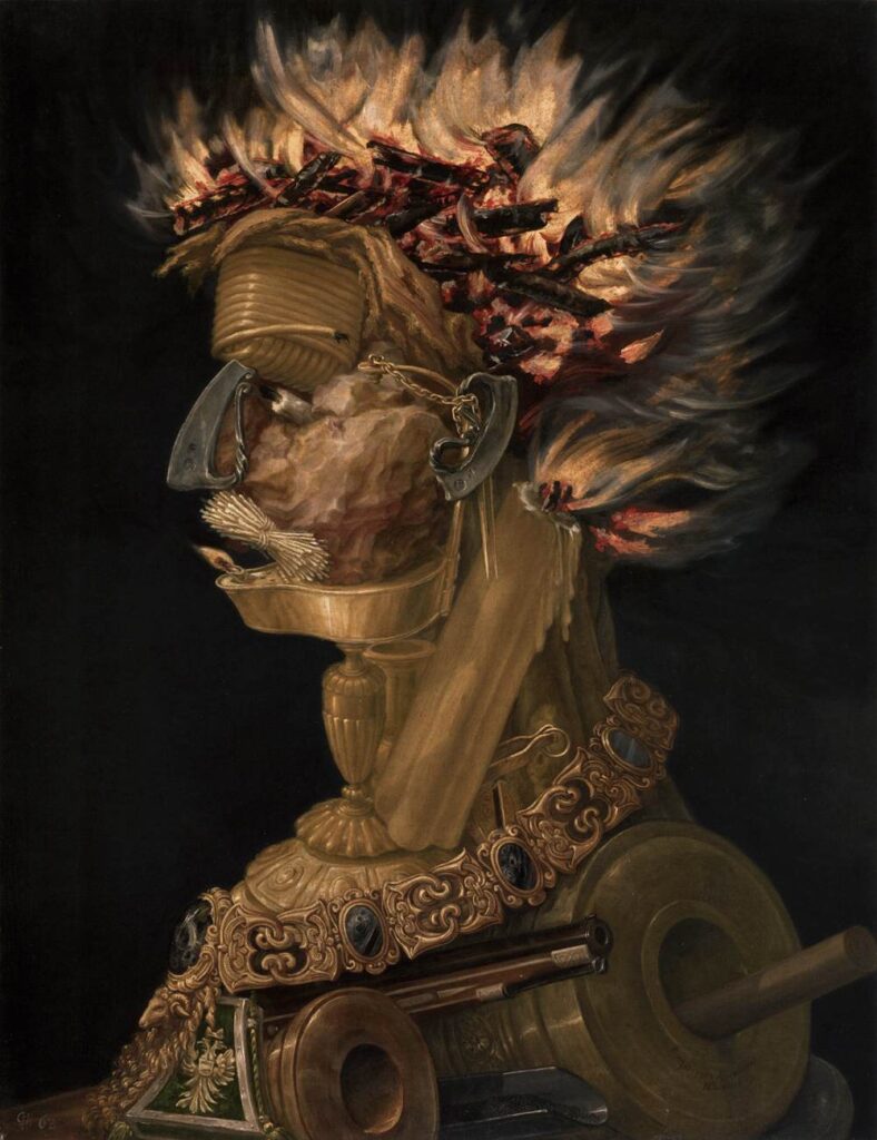 Portrait of a man composed by painting on the canvas various objects traditionally associated with fire – such as sticks, wood, guns and other tools – in such a way that they compose a human head.
