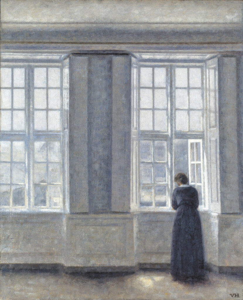 The painting depicts a person looking out from an interior through a sash window, which echoes the theme of the article: a thinker's view of the world being made up of compartmentalized bodies of information.