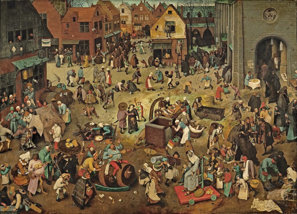 A panorama of a chaotic social life in the Southern Netherlands in the 16th century, at a hectic time of transition from Shrove Tuesday to Lent, the period between Christmas and Easter.