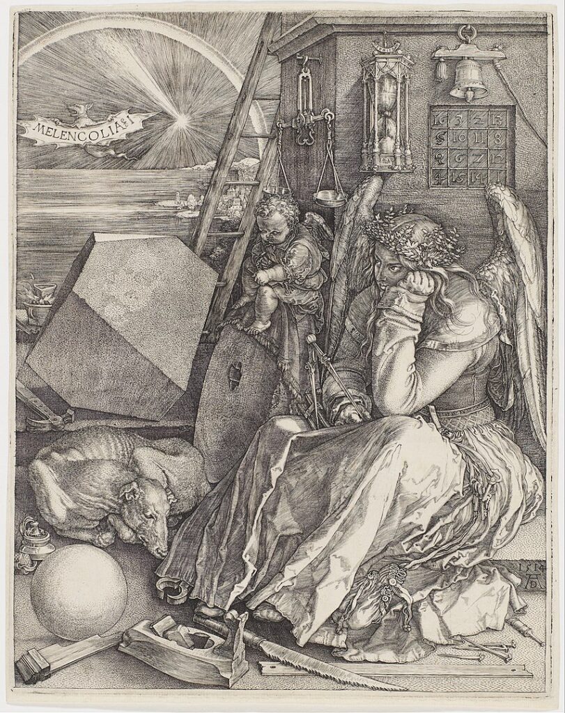 An enigmatic winged female figure is surrounded by the symbols of mathematics, alchemy, and the crafts. She looks gloomy and melancholic, but also in the grip of inspired and creative contemplation. She is thought to be a symbol of scientific and artistic creativity.