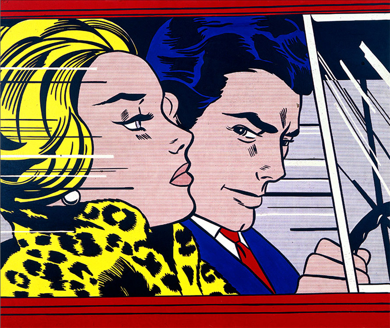 Pop-art depiction of a man and woman riding away in a car with evil intentions