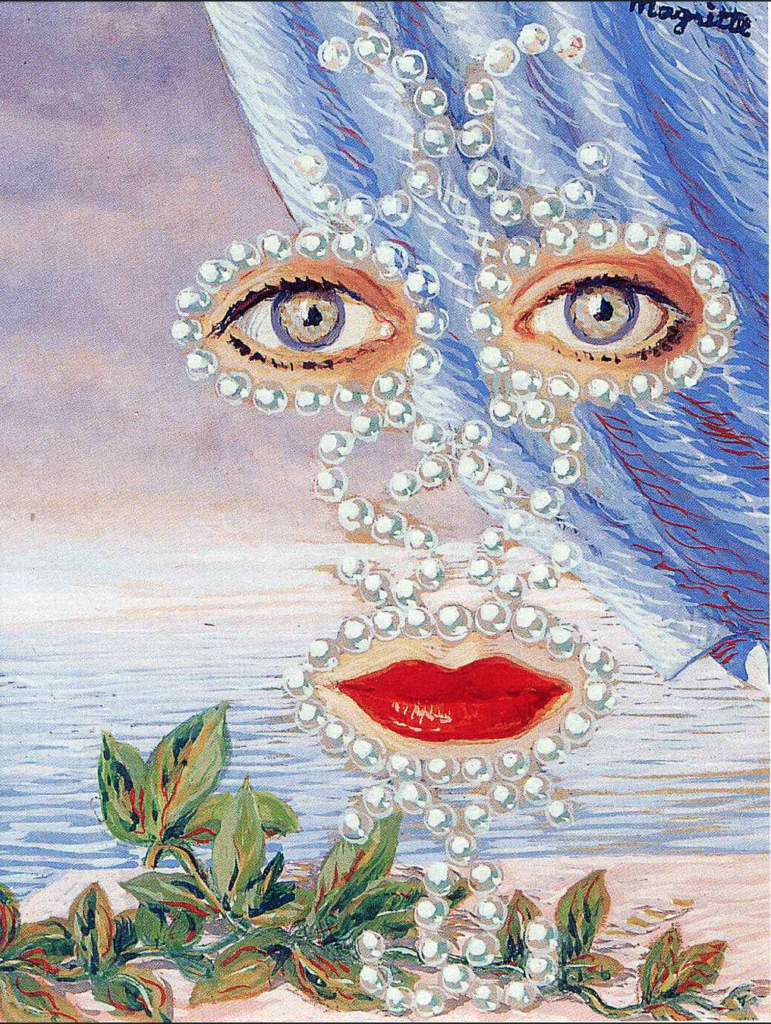 picture of fragmented parts of a Caucasian woman's face rearranged and surrounded by pearls.