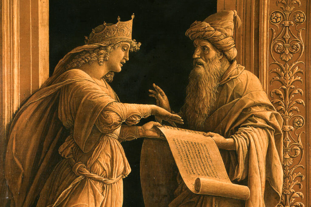 A young sibyl (sacred interpreter of the word of god in pagan religions) argues with an old prophet (sacred interpreter of the word of god in monotheistic religions). It looks as if the discussion will go on for a long while.