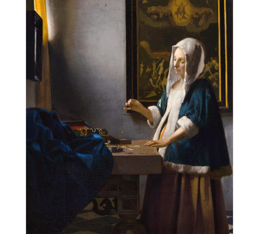 A young pregnant woman is holding a small balance for weighing gold. In front of her is a jewelry box and a mirror; on her right, a painting of the last judgment.