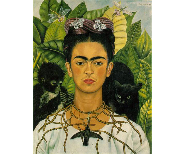 self-portrait of frada kahlo with a calm monkey, and angry black cat, and a neckless of thorns
