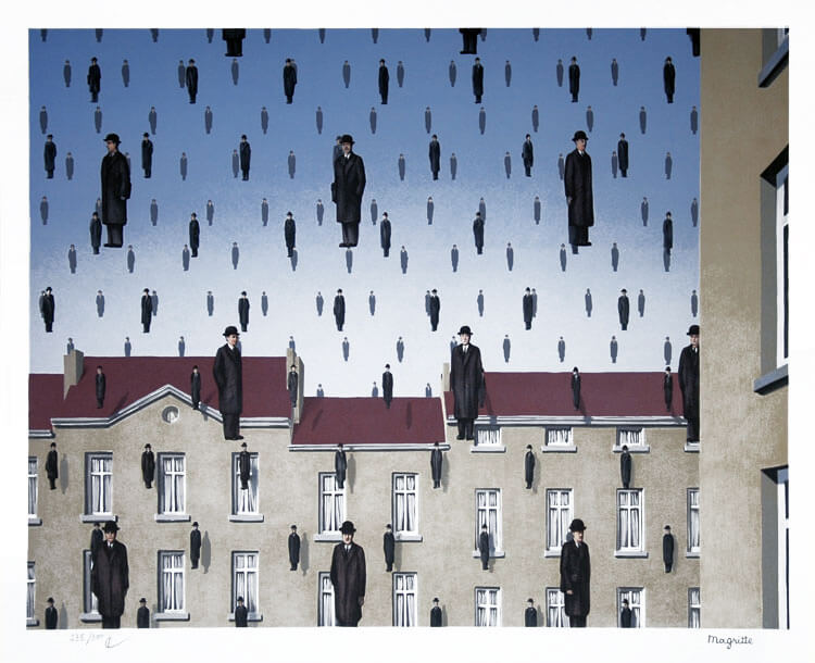 Painting of red-roofed buildings and a mostly blue partly cloudy sky, with the air filled by dozens of nearly identical men dressed in dark overcoats and bowler hats, standing still in mid air but making it look as if they are falling from the sky like rain.